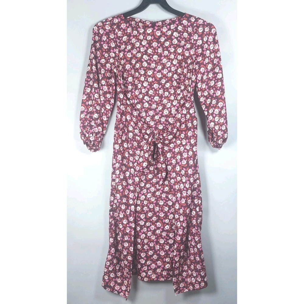 Ann Taylor Petite Floral Midi Tie Front Shirt Dress Size 4P Brown Pinks Lined